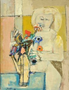 Donna che sistema un mazzo di fiori, 1957