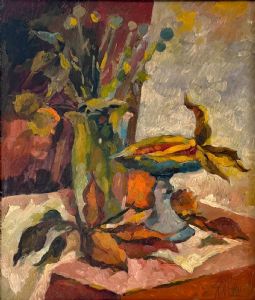 Fruttiera, vaso di fiori e foglie di magnolia, 1987