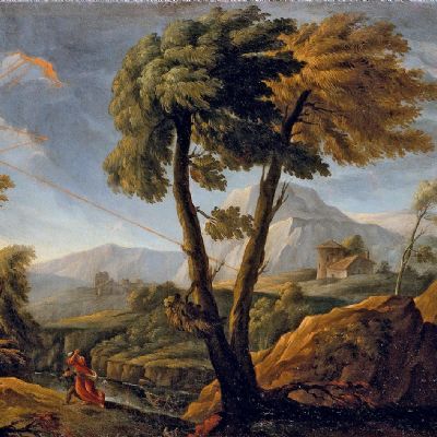 Paesaggio con viandanti nel mezzo di una tempesta